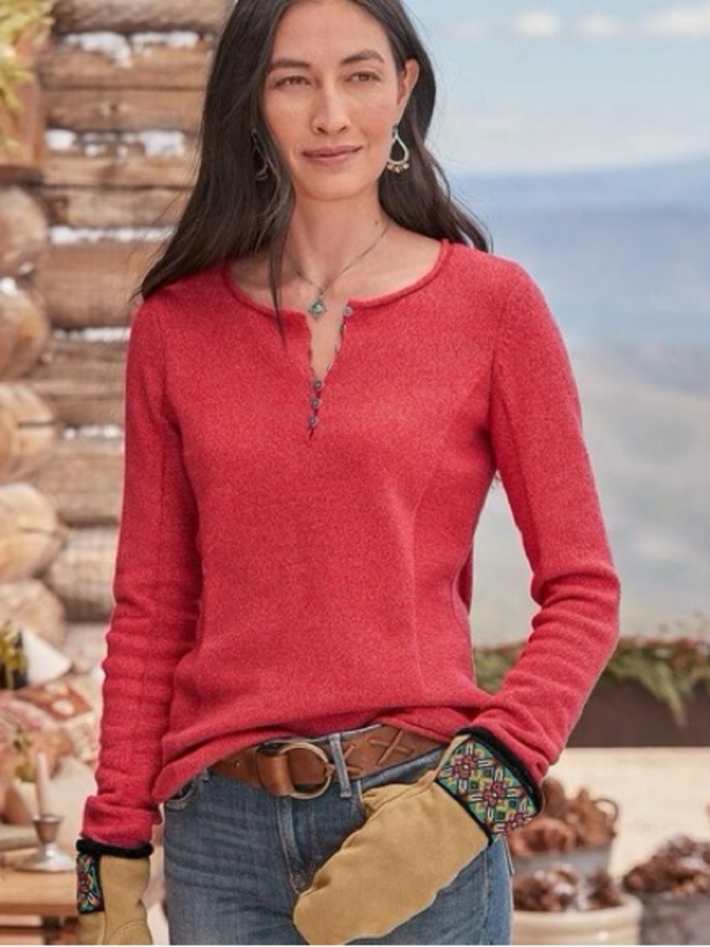 Sundance NWOT Homestead Henley Sweater Berry Red Cotton Silk Lightweight Size M